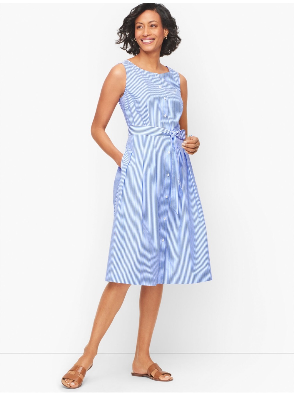 Talbots POPLIN FIT & FLARE DRESS Blue BREEZE STRIPE Sz 10P Petite Classic Preppy